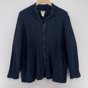 LL BEAN Sweater Womens 3X Plus Cable Knit Mock Neck Full Zip Cotton Blue